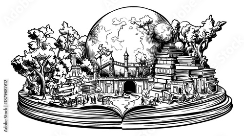 Engraved World of Knowledge: Fantasy Cityscape, Nature, and Celestial Elements Emerging from an Open Book