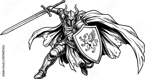 Valiant Armored Knight with Horned Helmet, Sword, and Griffin Shield in Engraving Style