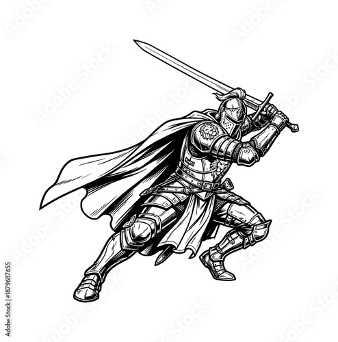 Medieval Knight with Sword in Dynamic Engraving Style. Valiant Warrior in Full Plate Armor Woodcut. Heroic Crusader Illustration.