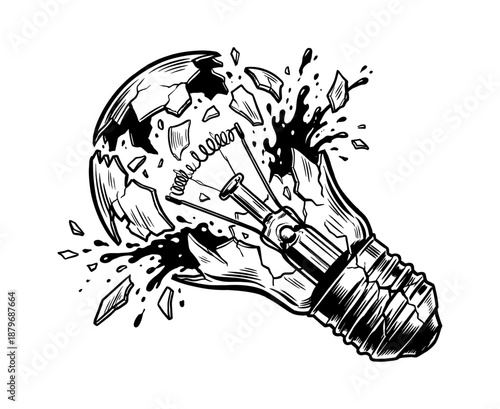 Shattered Light Bulb Engraving. Exploding Idea Concept in Engraved Woodcut Style. Broken Innovation or Creative Breakthrough.