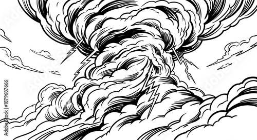 Dramatic Storm Clouds with Lightning Bolts Woodcut Style Illustration. Powerful Black and White Graphic for Weather, Energy, or Conflict Themes.