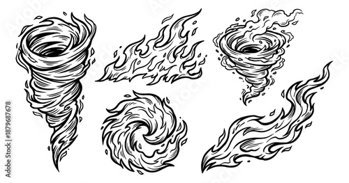 Hand Drawn Engraved Fire Flames and Swirling Tornado Wind Elements Set