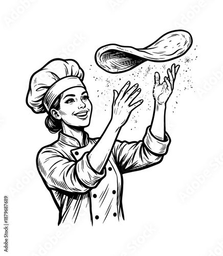 Engraved Illustration of a Smiling Female Chef Tossing Pizza Dough – Classic Woodcut Style Culinary Art
