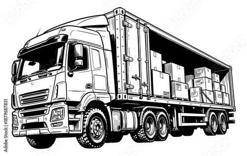 Commercial Truck with Cargo Boxes - Logistics, Shipping, and Global Freight Delivery in Engraved Woodcut Style