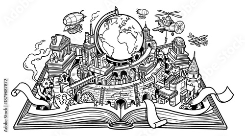 Engraved Steampunk World Emerging from Open Book: Vintage Global Knowledge and Fantasy Adventure Illustration