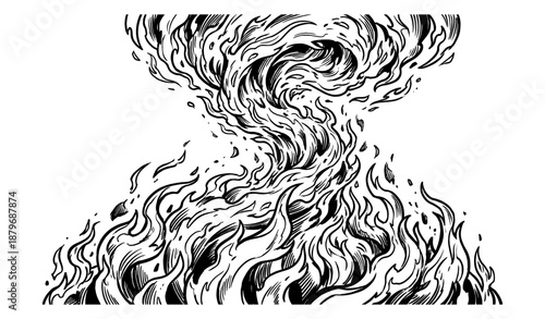 Dynamic Fire Vortex Engraving - Abstract Woodcut Flames Illustration with Swirling Heat and Energy