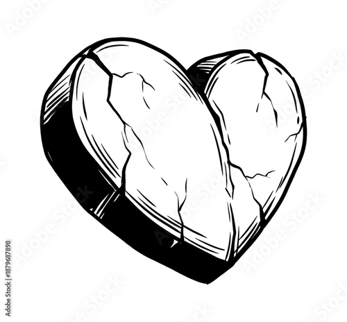 Engraved Broken Heart - Woodcut Style Black and White Illustration of a Cracked Love Symbol Representing Heartbreak and Emotional Loss