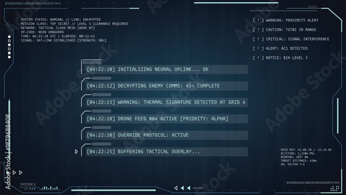 Futuristic military HUD interface overlay. Tactical mission control display with digital data logs, target scan, sci-fi GUI. Cyber tech dashboard for game UI, combat surveillance and warfare systems.
