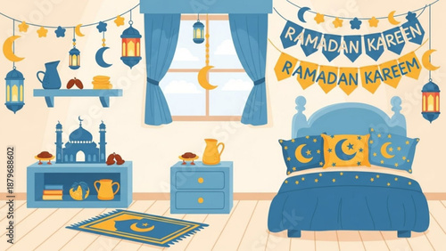 Ramadan Kareem bedroom interior festive Islamic decorations with crescent moon and mosque motifs cozy and cultural celebration