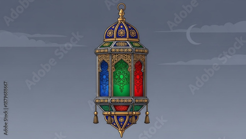 Ornate Moroccan lantern with stained glass panels traditional Islamic decoration for Ramadan and Eid celebrations detailed vector illustration