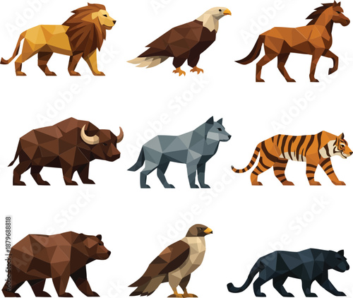 Geometric Animals Illustration Featuring Lion, Eagle, Horse, Tiger, and Bear as Main Subjects, Vector Graphics, Jan 15, 2026