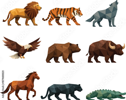 Geometric illustration of various wild animals including lion, tiger, wolf, eagle, bear, bison, horse, panther, and crocodile ChatGPT Image Jan 15, 2026, 02_49_41 PM.eps