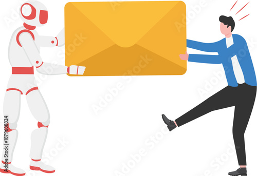 AI Robot and Businessman Holding Mail Envelope Together