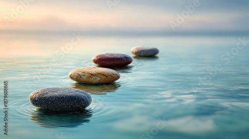 Four stones gently placed in tranquil water creating a peaceful path, calm and soothing