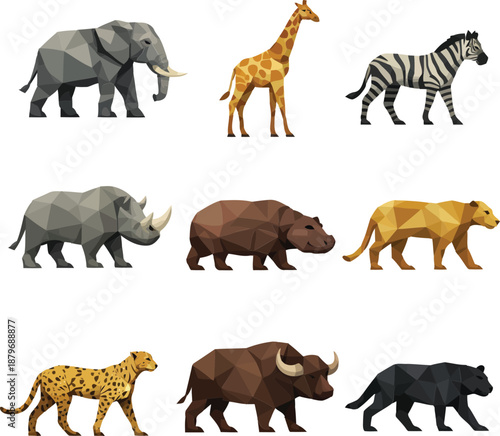 Vector illustration of various wild animals including elephant, giraffe, zebra, rhinoceros, bison, lion, hyena, and panther .