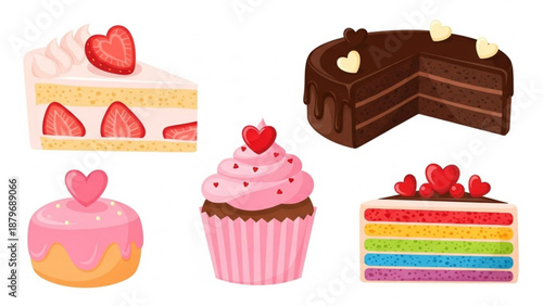 Assorted colorful cakes and desserts decorated for valentine's day  