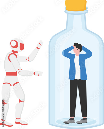 AI Robot Monitoring Businessman Trapped in Bottle