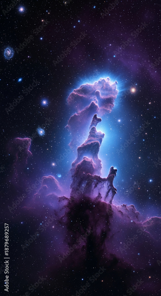 Naklejka premium A cosmic scene with a bright, blue nebula pillar surrounded by stars and dark purple dust, showcasing a vast, distant galaxy and stellar formation