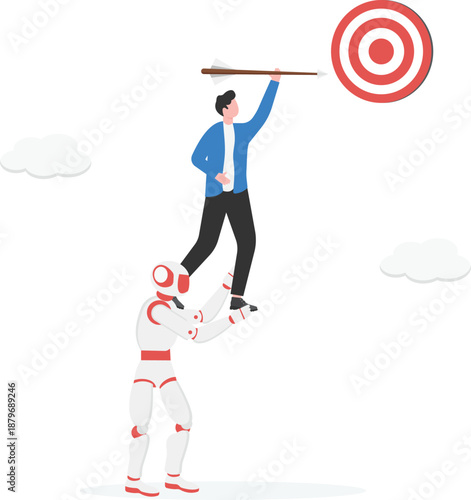 Robot Lifting Businessman to Target Marketing Goal