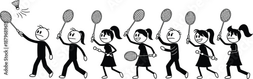 Badminton players cartoon illustration, people playing shuttlecock game, sport activity sequence, racket action, outdoor fitness, vector design set