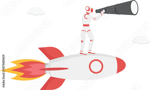 Robot Standing on Flying Rocket with Telescope Vision