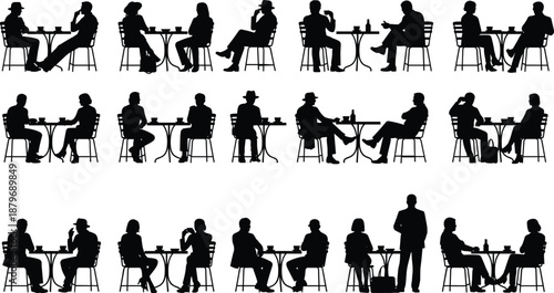 Cafe people silhouettes collection, men women sitting at tables, drinking coffee, social meeting scenes, black shadow vector illustration set