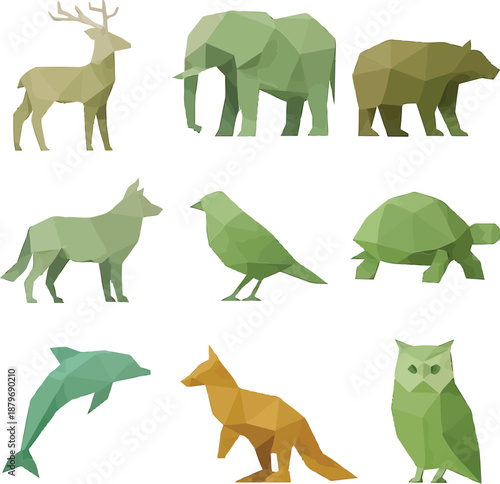 Geometric representations of various wild animals including deer, elephant, bear, wolf, bird, turtle, dolphin, fox, and owl in a seamless collage