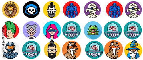 Clean vector UI icons set featuring humans, fantasy creatures, sci-fi and animals. Playful bust shots perfect for mobile buttons and profile portraits.