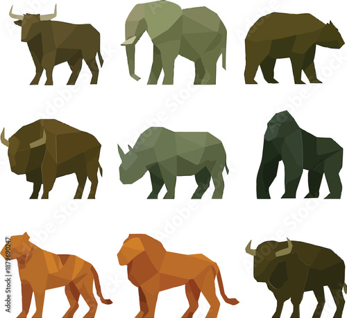 Geometric illustration of various wild animals including lions and elephants in a flat design style