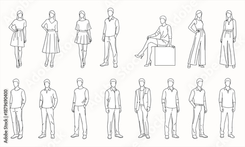 Fashion people line art illustration set, men and women standing poses, modern outfit styles, minimal vector character collection design