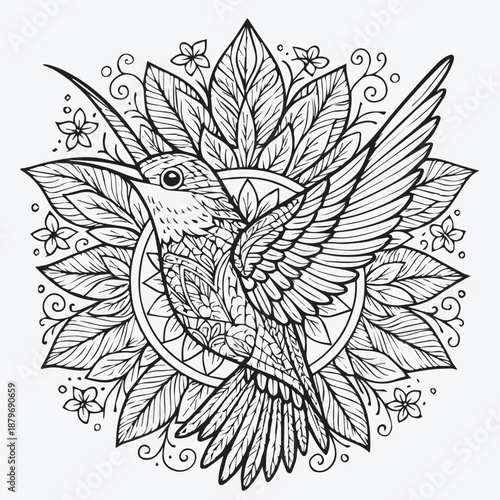 Intricate Hummingbird and Floral Mandala Line Art
