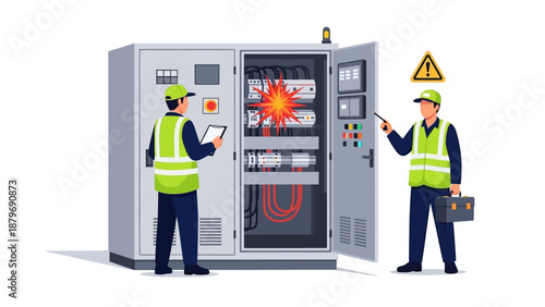 Two technicians in safety gear inspecting an electrical panel with warning signs