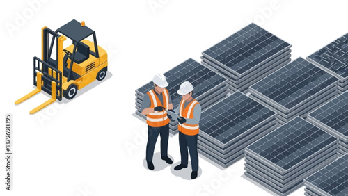 Illustration of two workers in safety gear examining solar panels next to a forklift on a clean white background.