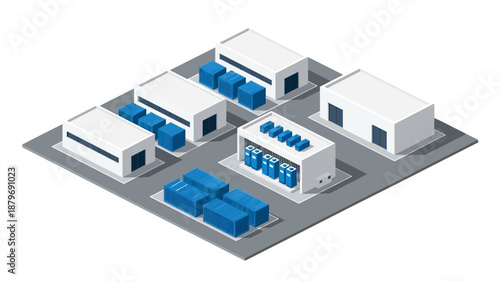 Isometric view of a modern industrial complex with white buildings and blue containers on a gray platform