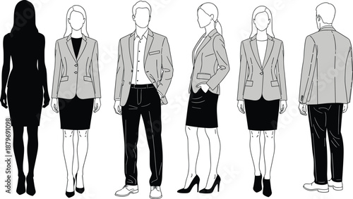 Minimal line art illustration of business men and women in formal office outfits, professional corporate fashion character vector set