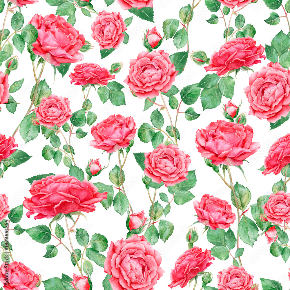 custom made wallpaper toronto digitalSeamless pattern on a white background with floral elements: red roses, buds, branches and leaves, hand-drawn with watercolors. Suitable for fabric design, invitation printing and scrapbooking.