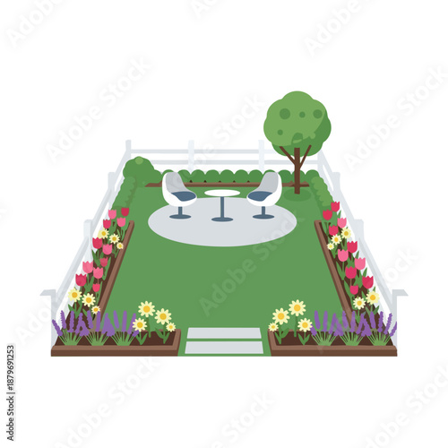 Cozy outdoor patio with garden and seating area