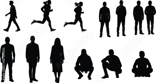 People silhouettes collection, running walking standing poses, men women activities, fitness and casual postures, black shadow vector illustration set