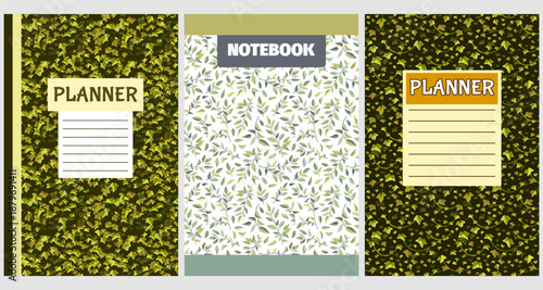 Set covers for notebooks with liana branches, ivy and tropical leaves. Design of children books, brochures, templates for school diaries. Vector seamless patterns copybook of creeper jungle, hedera.