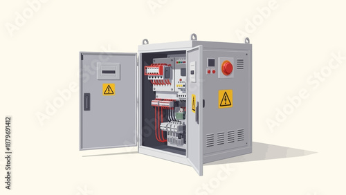 An open electrical cabinet with warning signs and red components inside on a plain background.