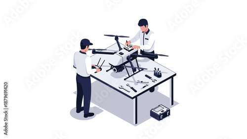 Isometric illustration of two technicians assembling a drone on a workbench with various tools