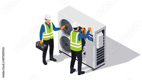 Isometric illustration of two technicians in safety gear servicing an air conditioning unit with tools