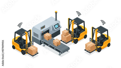 Isometric illustration of forklifts loading packages onto a conveyor belt in a warehouse