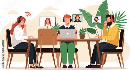 Remote team video conference illustration, online meeting concept, people working from home, virtual collaboration, modern office vector design scene