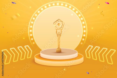 Award Ceremony Yellow Color Background With Golden Trophy on Podium. Premium Celebration Theme Concept Vector Illustration For Grand Music Concert, Movie, Party, Festival Celebration Etc.