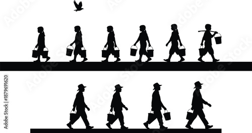 Village people silhouette collection showing rural workers carrying water buckets, walking in sequence with traditional lifestyle and daily labor isolated on white background