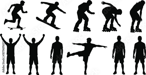Sports and fitness silhouette collection showing skateboarding, snowboarding, roller skating, jumping and athletic standing poses isolated on white background