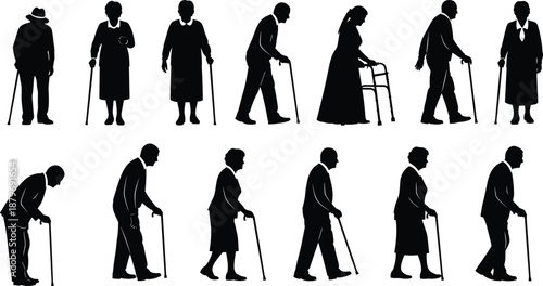 Senior people silhouette collection showing elderly men and women walking with canes and walkers, aging poses and mobility support isolated on white background