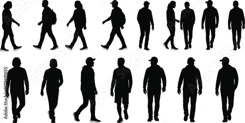 Walking men silhouette collection showing casual male pedestrians in different poses, movements and perspectives isolated on white background
