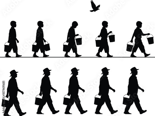 Rural village people silhouette collection showing men carrying water buckets, walking in sequence with traditional lifestyle and daily work isolated on white background